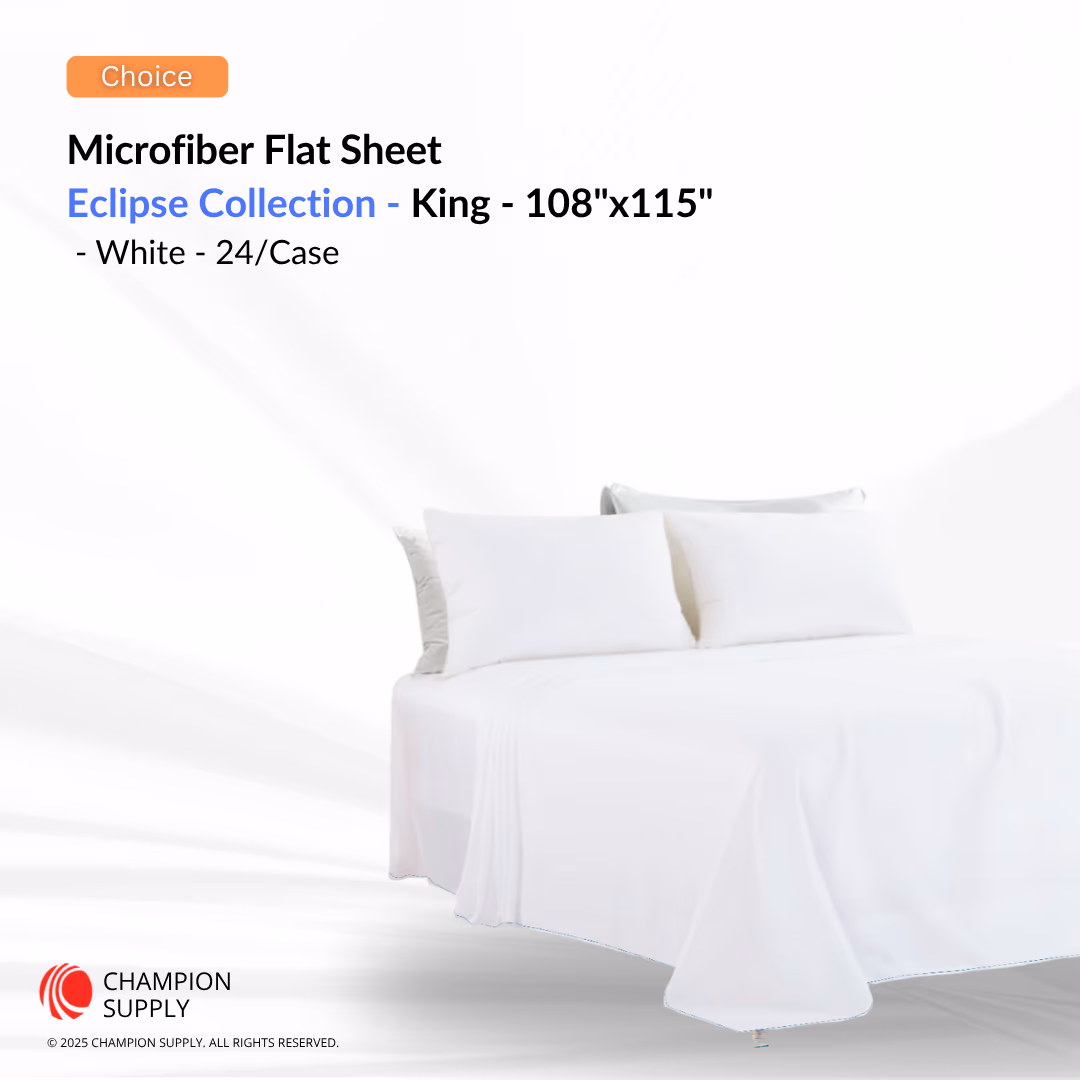 Choice Hotels Eclipse Collection Microfiber King Flat Sheet – 108" x 115", White, Case of 24